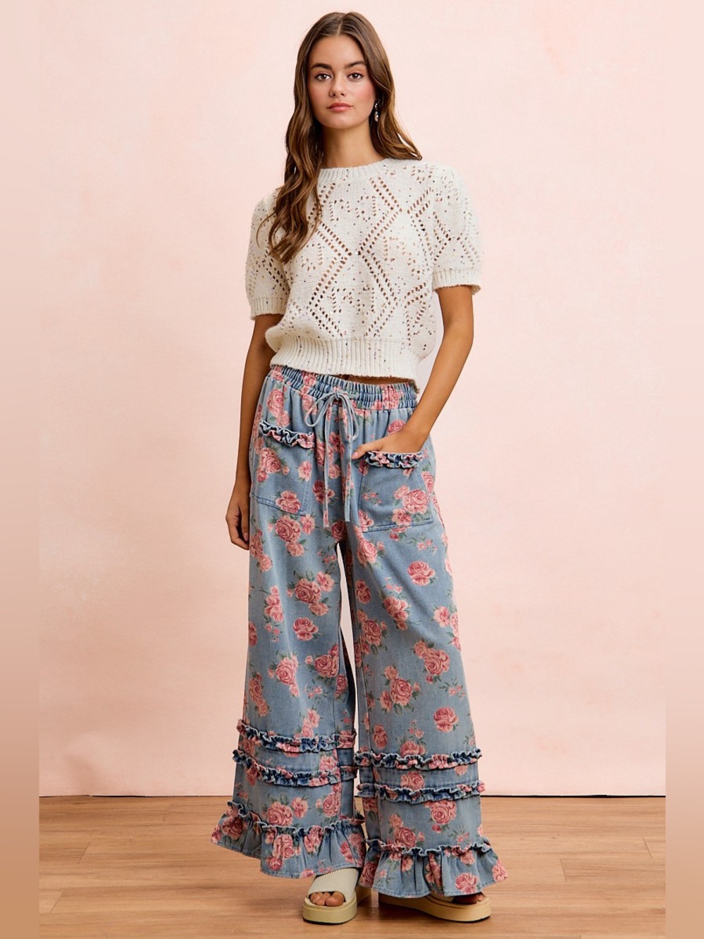 BiBi Washed Floral Denim With Ruffle Elastic Wide Pants 10010094801 - Picture 3 of 13